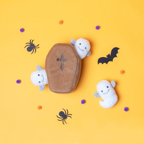 coffin toy with ghost toys for a dog on an orange background