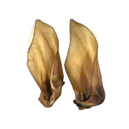 two dried buffal ear dog treats